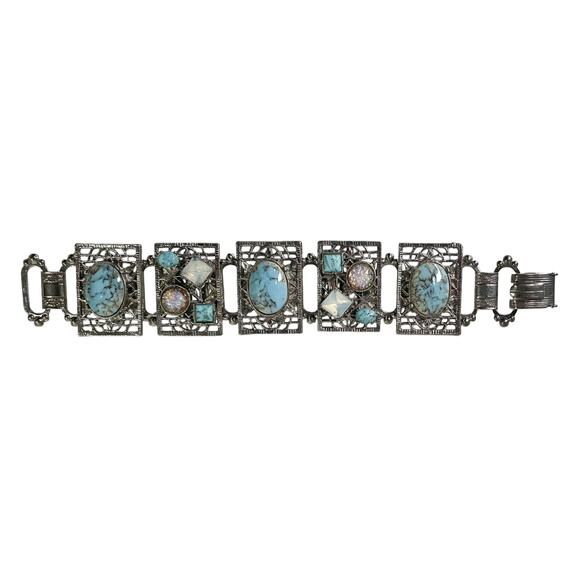 80s Silver Tone Faux Turquoise & Iridescent Stones Retro Victorian Link Bracelet - Picture 7 of 7